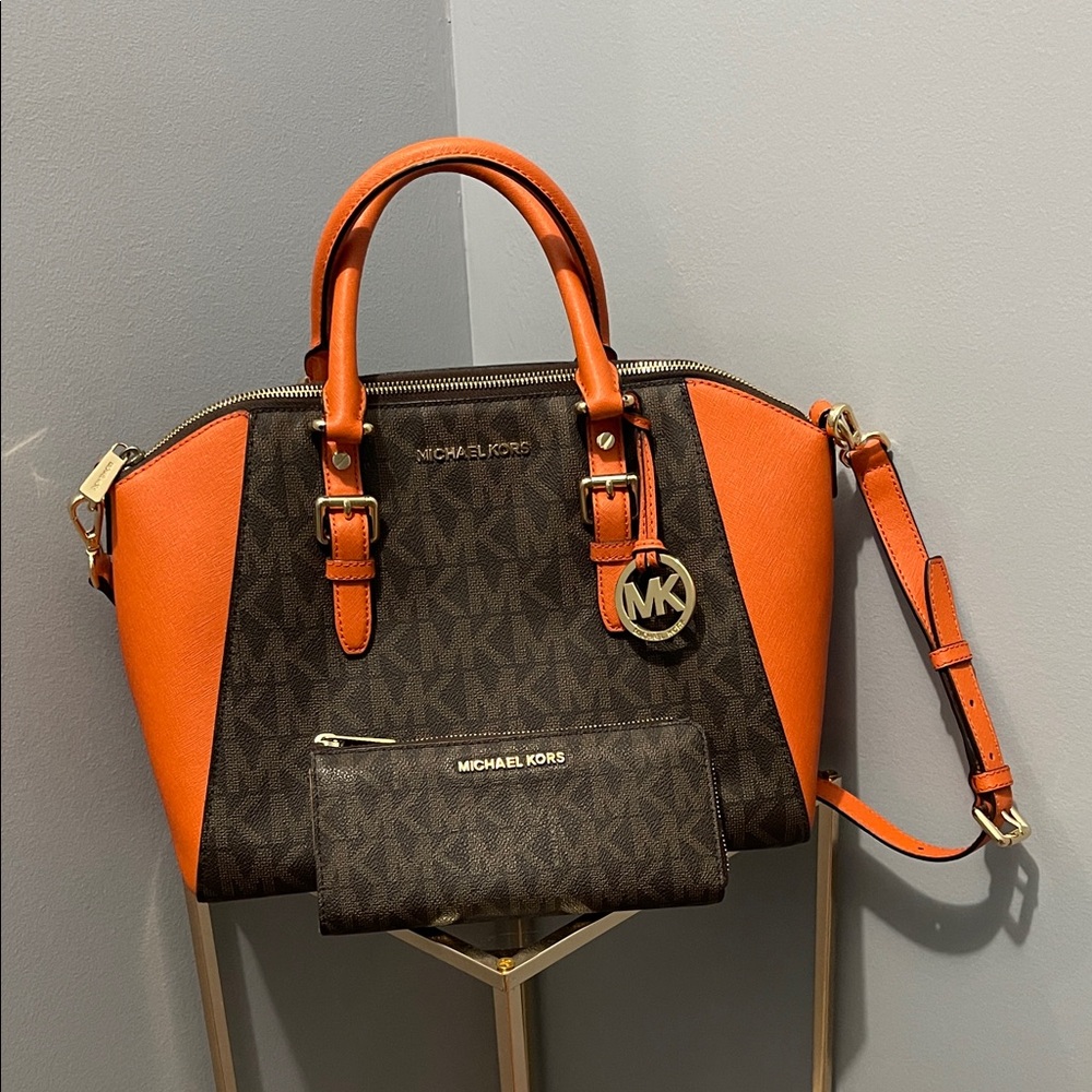Michael Kors Two-Tone Satchel in Orange and Brown